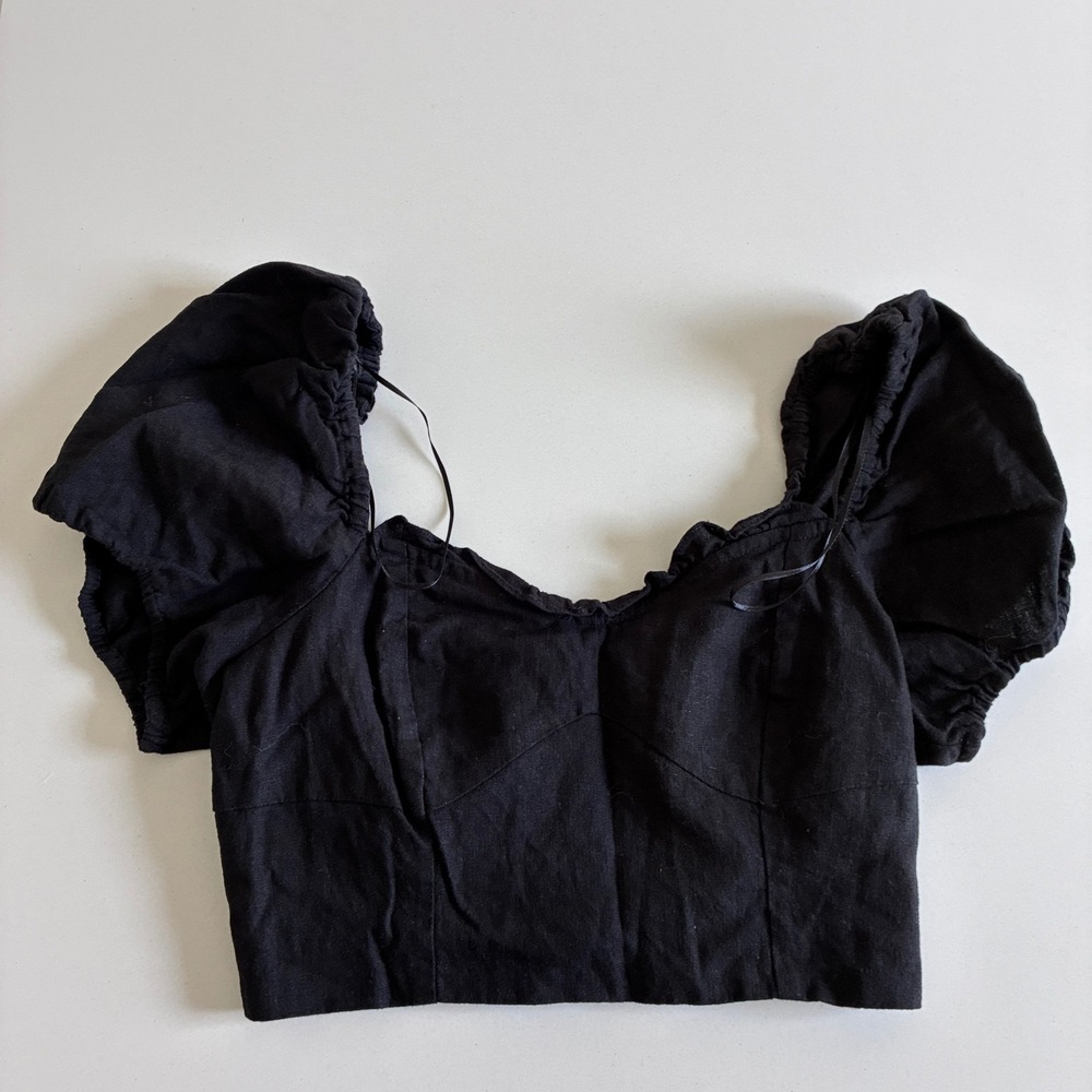 House of Harlow 1960 Black Linen Blend Puff Sleeve Crop Top Sweetheart Neck Sz 4